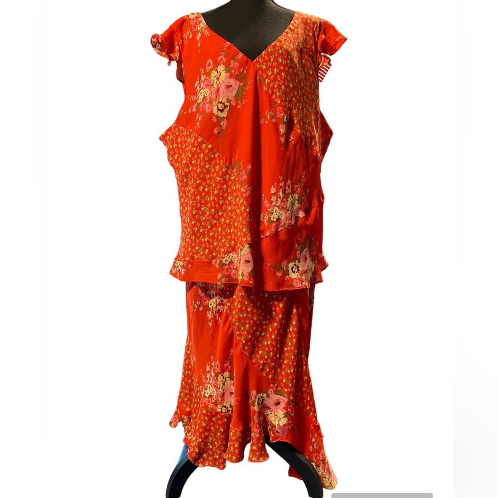 Studio C Plus dress in red with yellow flowers. Asymmetrical with cap sleeves